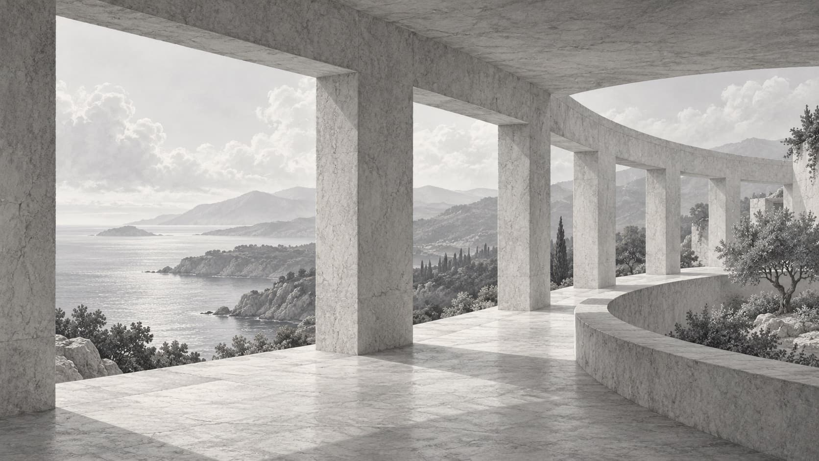 Monochrome illustration of a curved walkway connecting open stone rooms